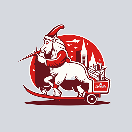 unicorn pulling santas sled, bad part of town, vector logo, vector art, emblem, simple cartoon, 2d, no text, white background