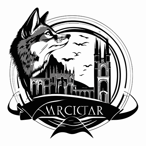 a creative logo for "McCarthy Choral", with a fox and a cathedral, black and white, flat vector