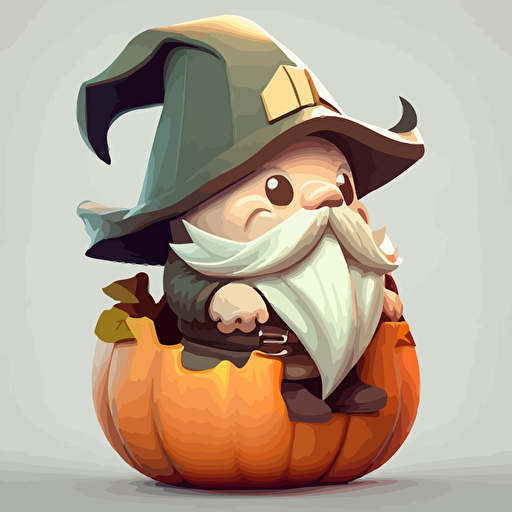 cute garden gnome sitting on a pumpkin, glow, backgroundless,white background,2d,vector,asset,props,sprite ,cartoon,toon,Dofus