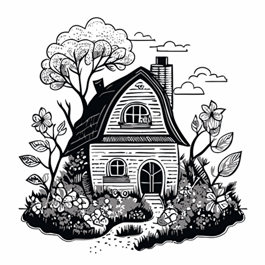 vector style, logo of a house with the attic bursting with a garden out of the top of the house. Cute cartoon, black outline