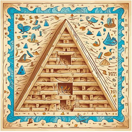 a kids maze game printed on a small aquare piece of paper featuring a pyramid and hidden treasure, illustrated in a simple vector style