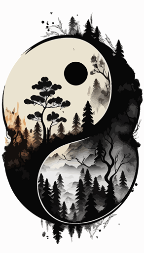 yin and yang ☯️, with copy space, logo design, nature, forest, black and white, abstract, vector art, minimalistic