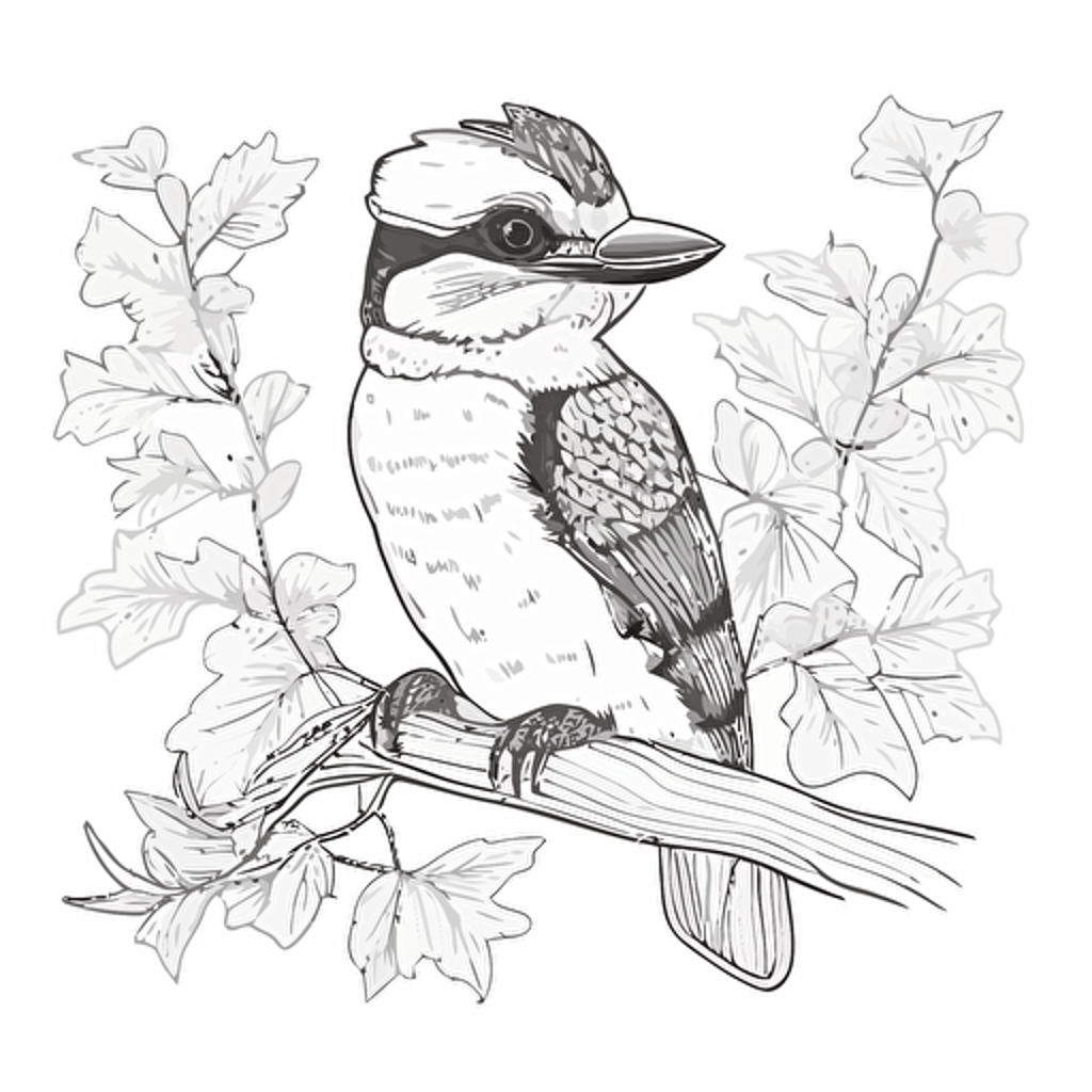 Kookaburra in cartoon style, kids coloring page, simple line work, black and white no shadow, flat simple vector illustraion, cute and happy Kookaburra with blush, smily face, on a tree