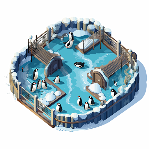 isometric cartoon vector style image of an icy zoo penguin enclosure