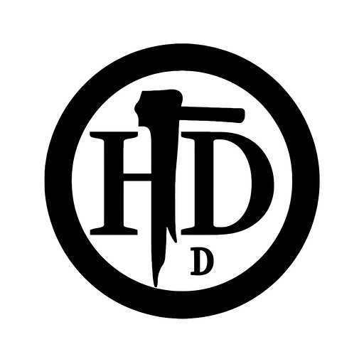 A logo for a carpenter with the black letter "D" and a bit bigger black letter "H" in the middle of a circle, vector, minimalistic,