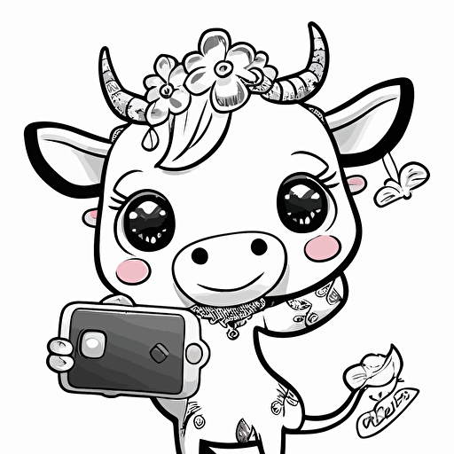 A cute cow chibi, vector, black and white, coloring page, disney on selfie
