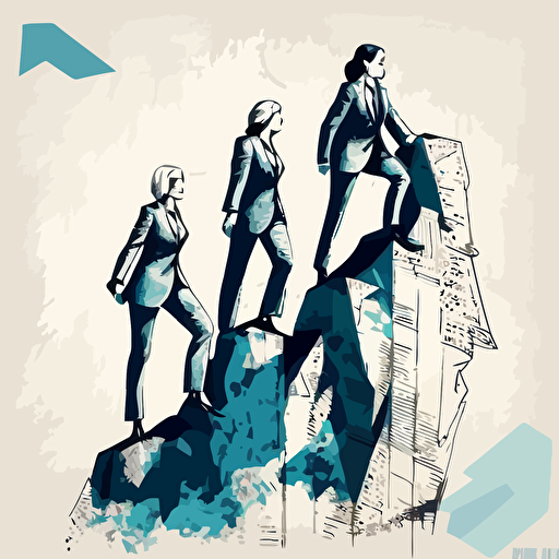 Four women in business suit climbing primade, detailed vector illustration