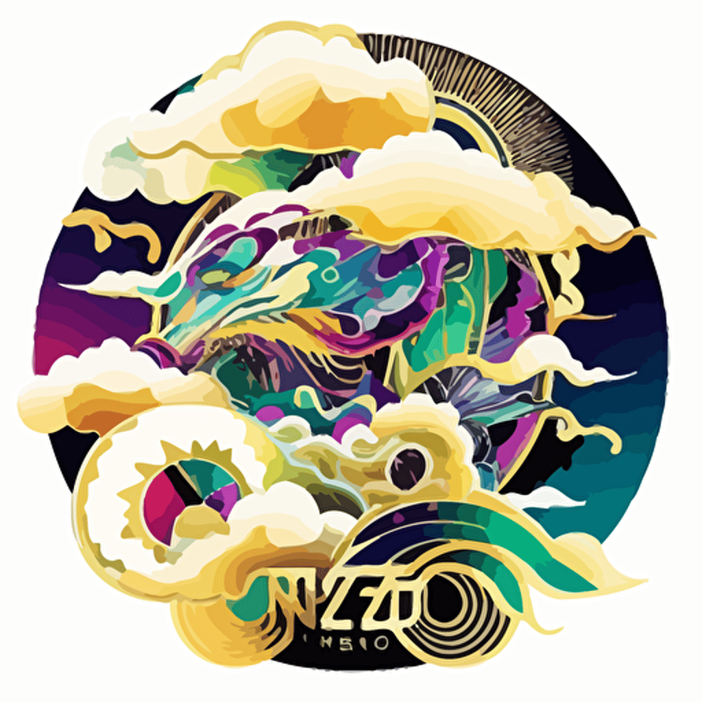 neo tokyo kenzo japanese style with flames gold coins clouds scifi vector detailed high definition white purple green blue yellow