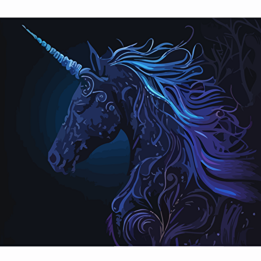 iridescent black unicorn at night, vector, intricate details depth of field, black light poster