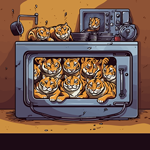 countertop smart oven surrounded by a team of tigers, vector art