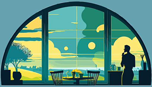 flat modern style illustration, positive calm colors blue and yellow and green inside baker silhouette, calm view on background, 2d vector