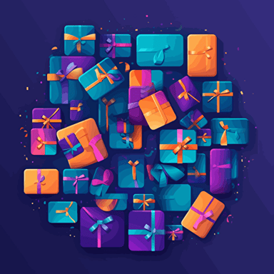 a vector image of a bunch of gift cards ultra modern using dark purple-blue as the background color, along with pops of orange green and blue. it should show a bunch of gift cards with movment and trust