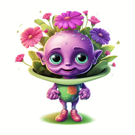 cute alien with flowers, detailed, cartoon style, 2d clipart vector, creative and imaginative, hd, white background