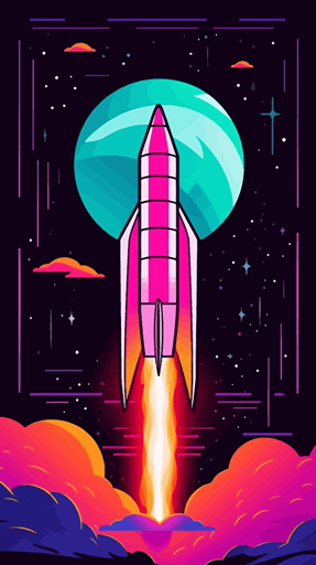 Rocket launch in vector art, cartoon style, objects with a black stroke, beautiful colors, pastel and neon background