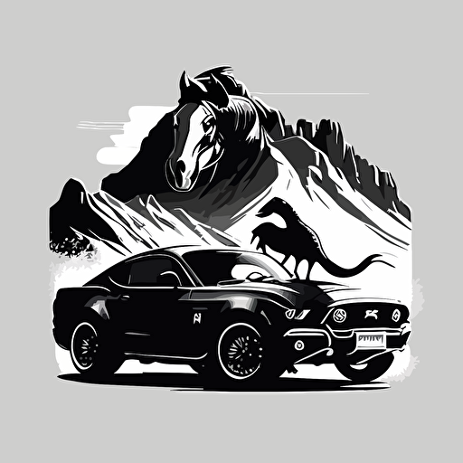NineT scrambler motorcycle and new Ford mustang in front of the mountains, logo, vector, black and white