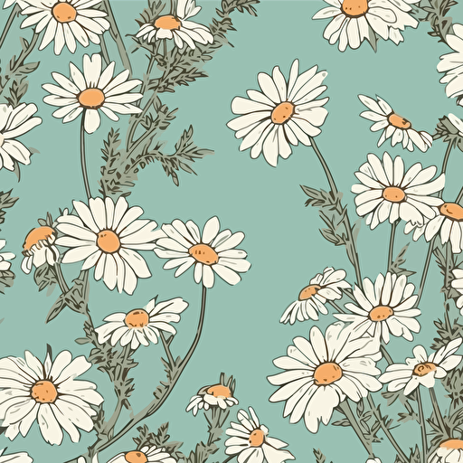 Chamomille flowers and plants in minimalistic style, fabric print in vibrant christmas themed colors vector pattern light mint color background