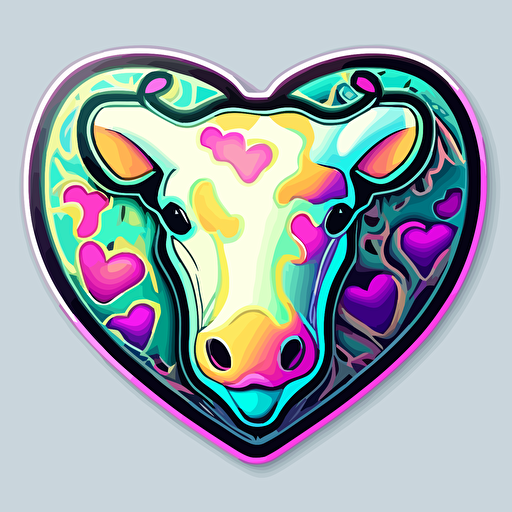 sticker vector design, kawaii cow head inside of a heart, inside a badge, white outline, highly detailed, bright neon colors