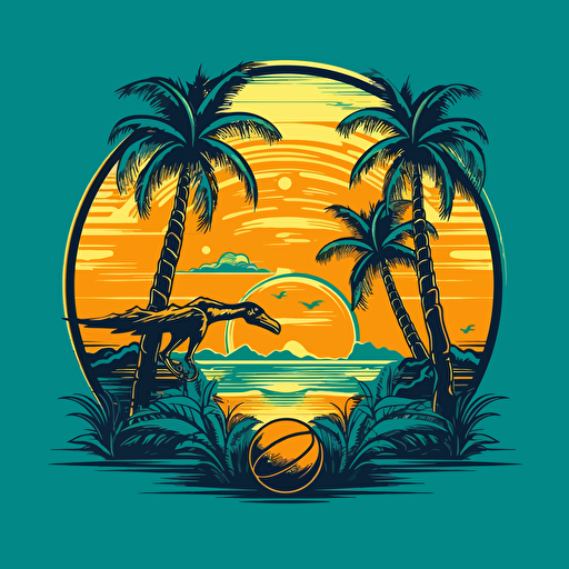 vector, nba logo, palm trees and an ocean background with a sun, turtle, basketball, birds, brazilian, tropical theme, with no text, green, blue, yellow, closed shape