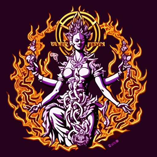 1980s scifi manjushri chinese style with flames gold coins mandarines chinese new year logo vector detailed high definition white purple red orange