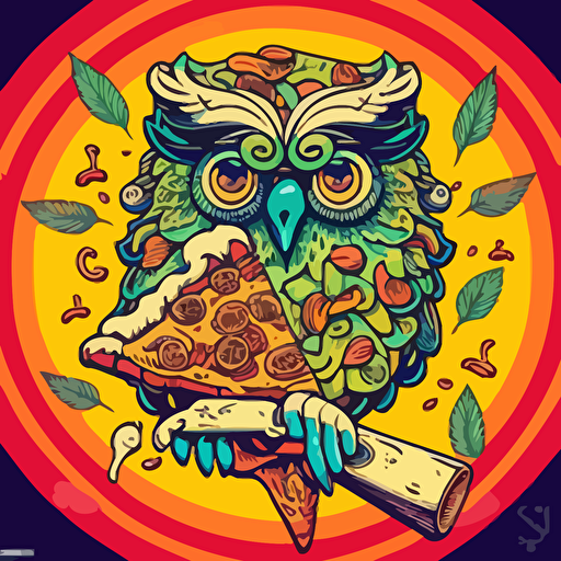 1970s trippy illustration of an owl smoking a joint for 420 with pizza and weed pattern background vector