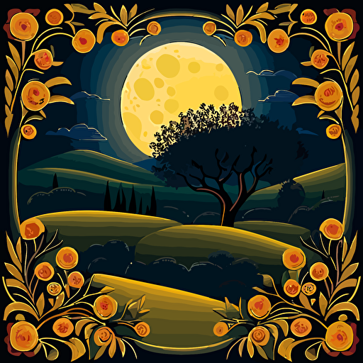 square artwork of a dreamy midnight full moon in a sky decorated with motifs of mooncakes shinning over Tuscany olive tree field. corners of the design decorated with traditional italian fleur-de-lis style ornate borders. All artwork designed with vivid, warm yellow, orange and deep red colors usign basic vector art without shading