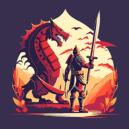 simple vector illustration of a warrior who is standing in front of a big dragon, battle scene, retro colors, logo