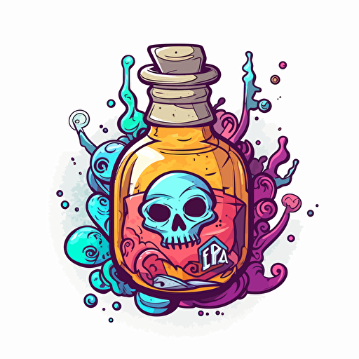 Digital illustration of logo with thick black outline, white background, cute, colorful cel-shaded potion bottle in Pixar style, Blizzard entertainment art, saturated colors, prop design, contour, vector art