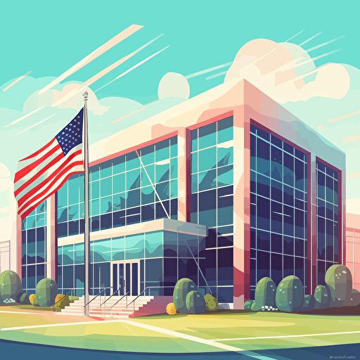 vector art of a futuristic school building with an american flag, the building has lots of large glass window, it's a beautiful sunny day