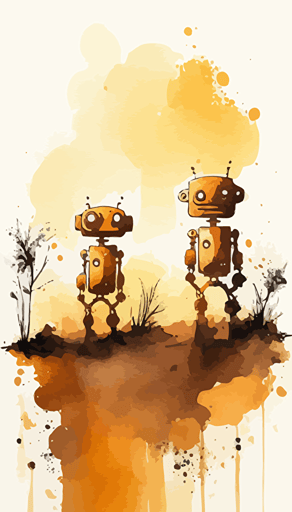rust #253565 and #BFE2D5 watercolour abstract landscape, Minimalist, vector, contour, little robots