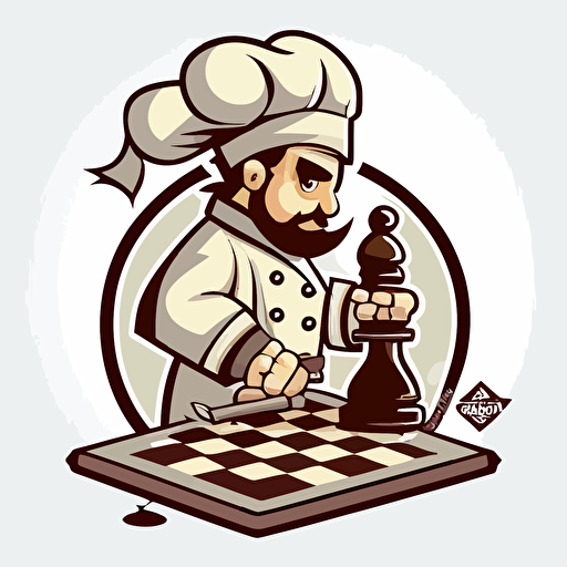 chef playing chess on a chess board, vector mascot, white background