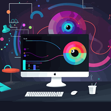 A vector based illustration of a Slack workspace with a very vibrant surrounding that bleeds to black, with valuable information escaping its content black hole from the monitor which shows slack conversations into a another monitor