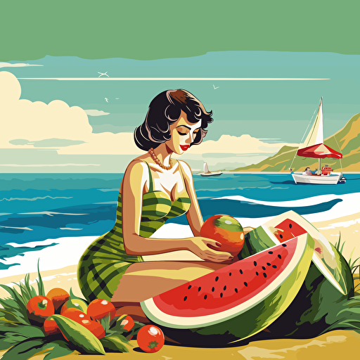 girl on the beach eating watermelon, pin-up style, vector style