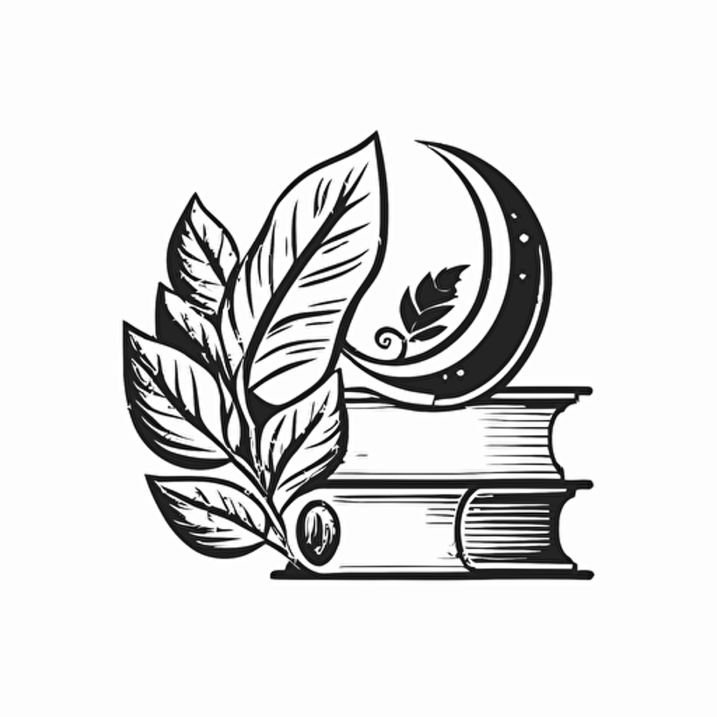 A logo for a bookstore with books and crescent moon and leaf, extreme simplify design line sketch, symbol , vector style, on a plain white background