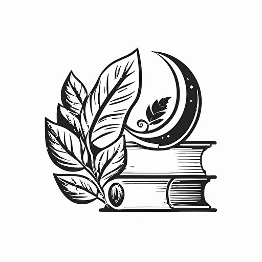 A logo for a bookstore with books and crescent moon and leaf, extreme simplify design line sketch, symbol , vector style, on a plain white background