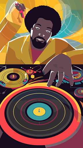 an abstract, comic-style vector, warm vivid party flyer of a funk and soul dj playing vinyl records on a technics 1210 in a small soul club, top view