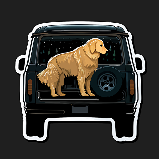 a sticker of a Jeep looked from behind that has a golden retriever on it in 2D vector style, black background