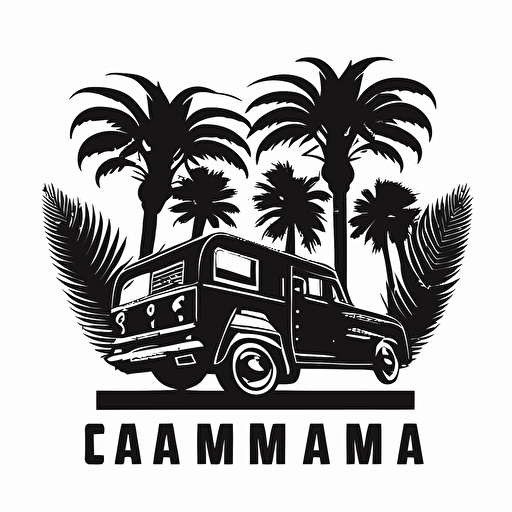 iconic logo of cameracar and palm tree, black vector, on white background