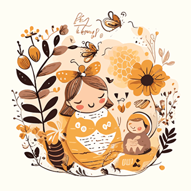 Illustration featuring a happy, baby girl is a humanized bee. Depict the family, including the newborn baby, her 3-year-old brother, mother and father, all joyfully celebrating the baby's arrival. honey, beehive, flowers. Warmth love charming, whimsical setting. Drawing, colorfull, sketch, vector.