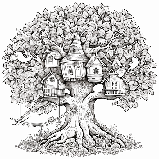big tree, tree house, birds, flowers, sun, vector image, coloring page