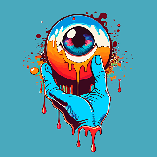hand holding an eyeball made of paint drips by moebius, 2d vector art, flat colors