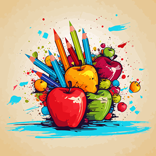 an illustration of apples and crayons stylized, vector art style, back to school style,