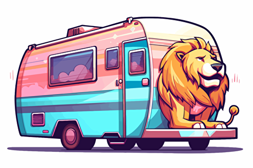 2d illustration, lion 1970's trailer simple vector colorful sticker