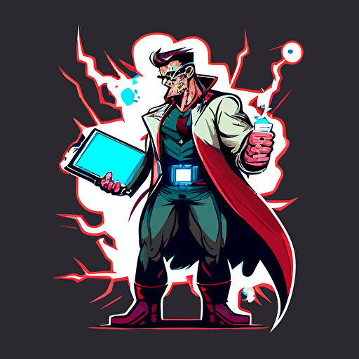 2d vector art, marvel style, doctor holding a tablet and looking at it