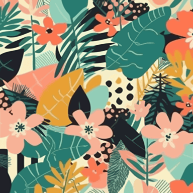 Modern palm tree leaves and modern flowers intricate hyperdetailed illustration pattern AND pastel orange and red and teal and pastel yellow polaroid filter, creative collage contemporary floral seamless pattern, fashionable design, beautiful pattern, flat art style, VectorStock