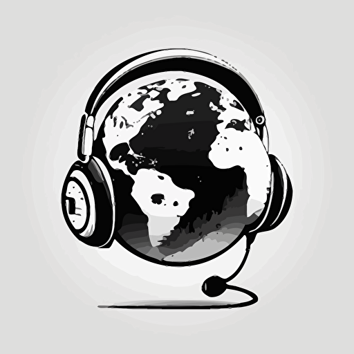 speaker shaped like earth wearing headphones , twitch emote style , black and white vector