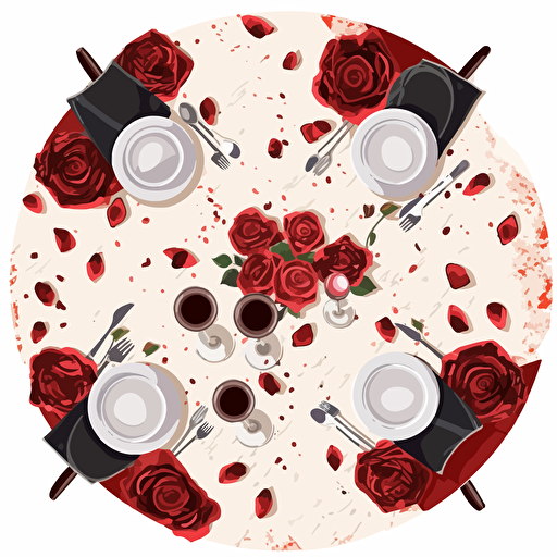 A romantic round dinner table set at a fancy restaurant with spilled glasses of wine on the table cloth, the scene is seen from above, roses scattered on the table, in a white background, vector stile