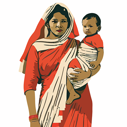 vector style fullbody illustration of a bangladeshi rural mother in sharee carrying a one year old child. The background should be white.