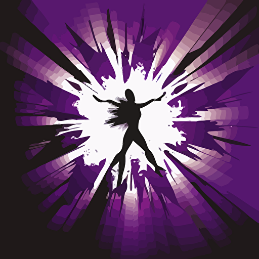 vector purple starburst background originating from centre, white silouette of a dancer