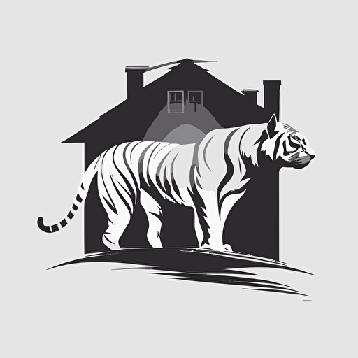 simple logo design with white background of a white tiger sillouette on a roof of a house. black and white, vector