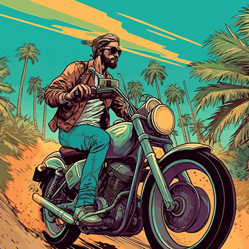 Tropical biker book cover, vector, cartoon, grafitti style, no background,